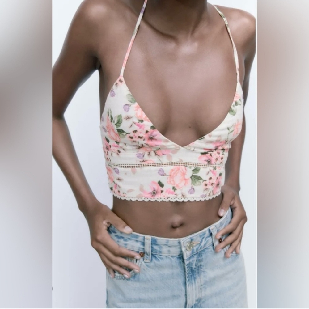 Zara NWT Floral Print Crop Top Large Criss Cross Tie Back White